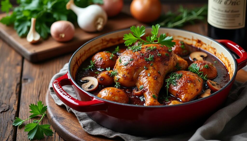 découvrez notre recette traditionnelle de coq au vin, facile à préparer et pleine de saveurs authentiques pour un repas convivial et délicieux.