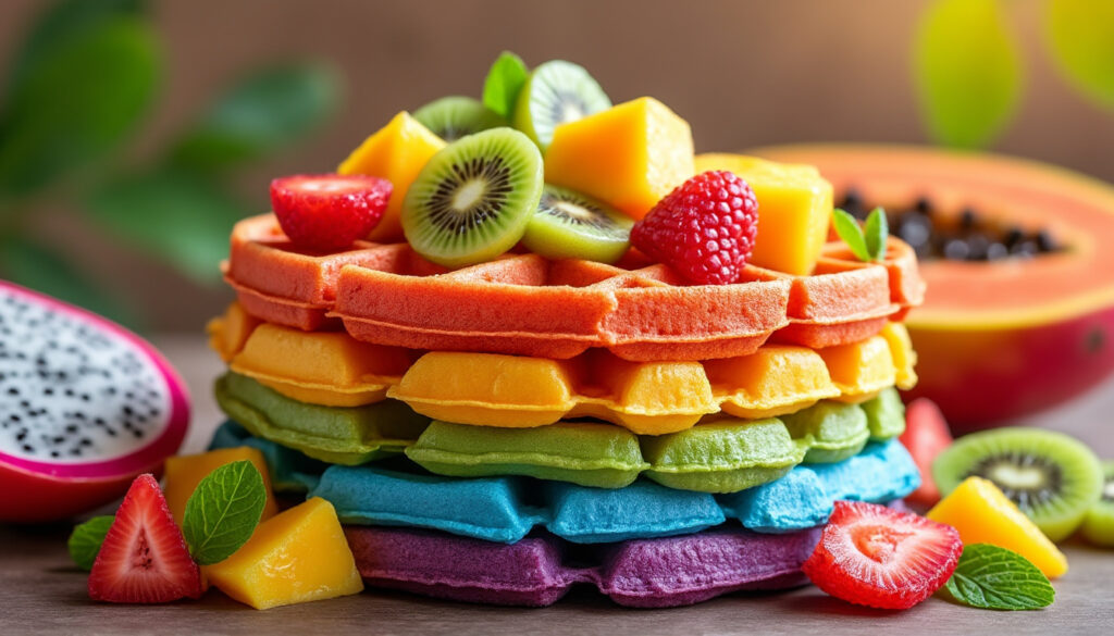 découvrez notre délicieuse gaufre arc en ciel garnie de fruits exotiques frais et colorés, une explosion de saveurs et de fraîcheur pour un plaisir sucré et vitaminé.